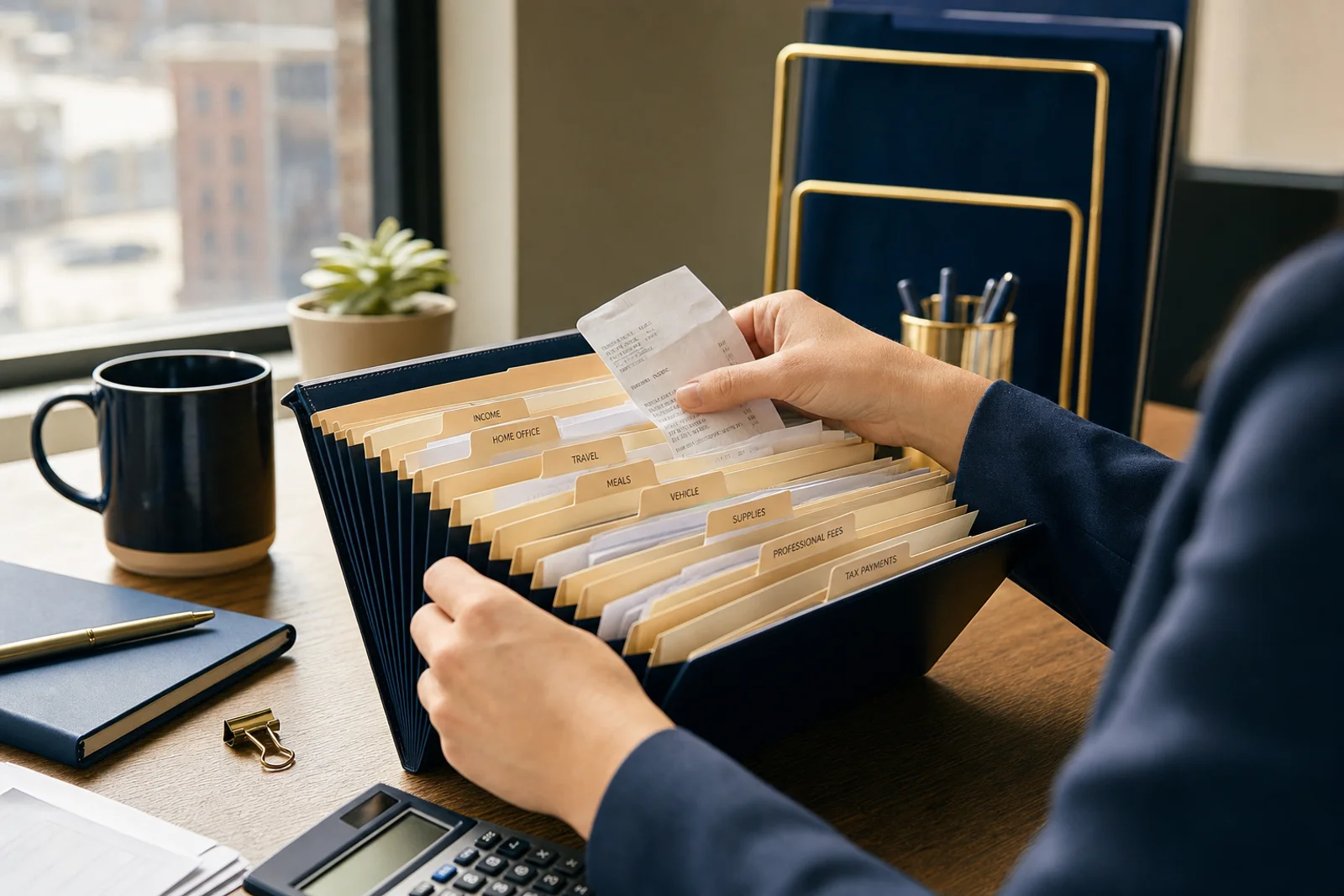 Hands organizing tax receipts for small business deductions in Indiana
