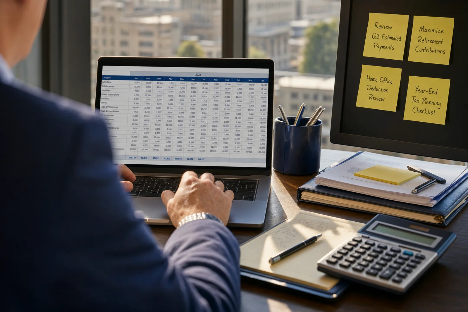 Business owner tracking expenses for tax deductions at Fort Wayne workspace