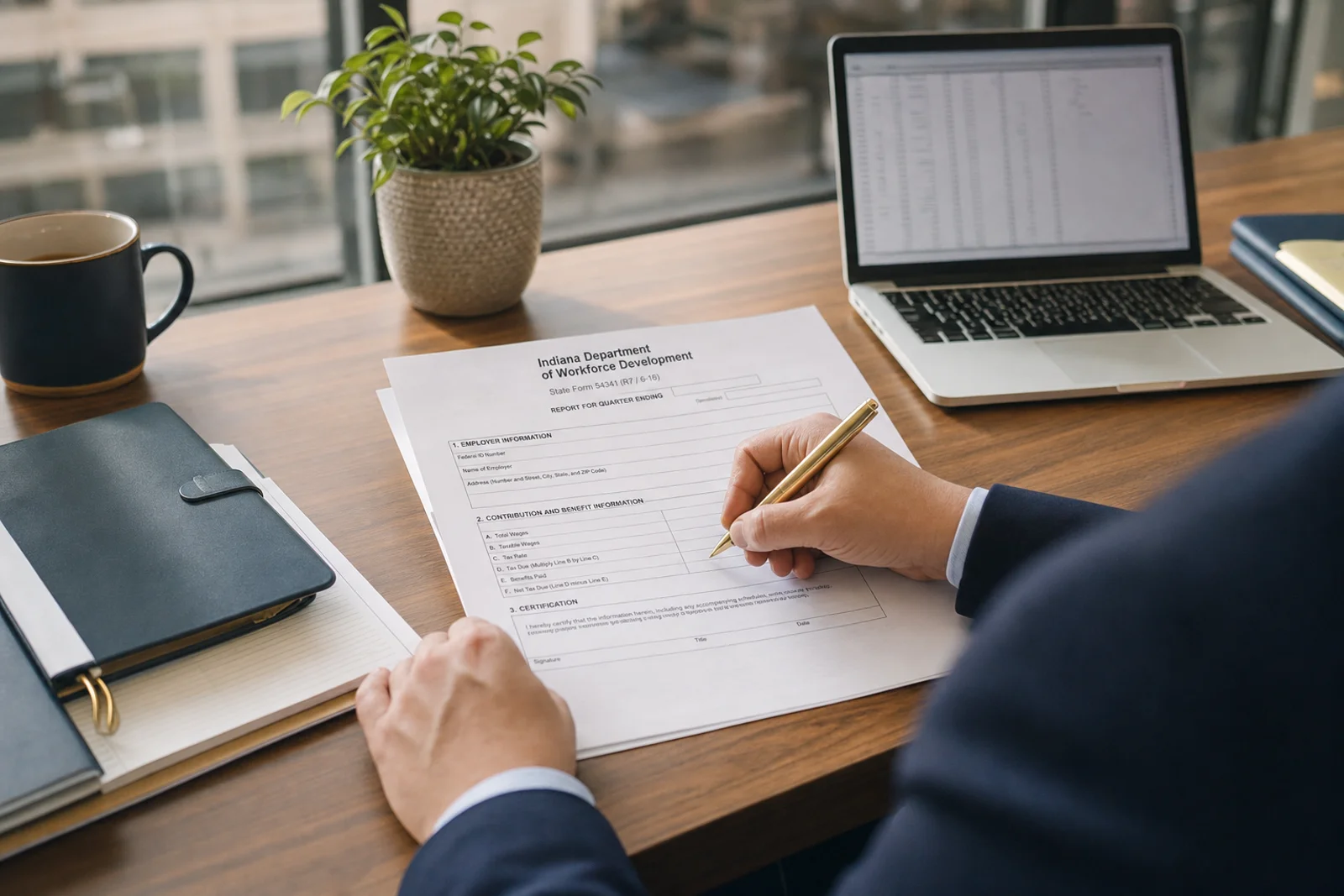 Indiana SUTA quarterly tax forms being completed by Fort Wayne business owner