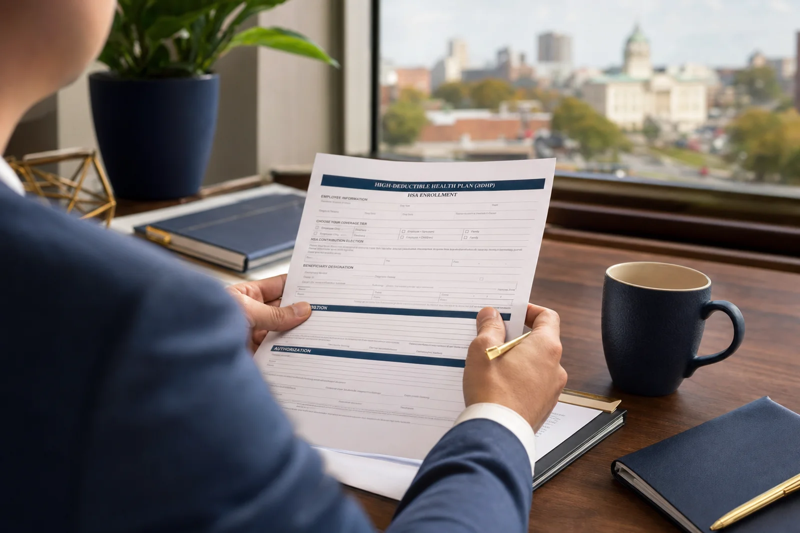 Reviewing HDHP and HSA enrollment paperwork - tax-advantaged healthcare savings in Indiana