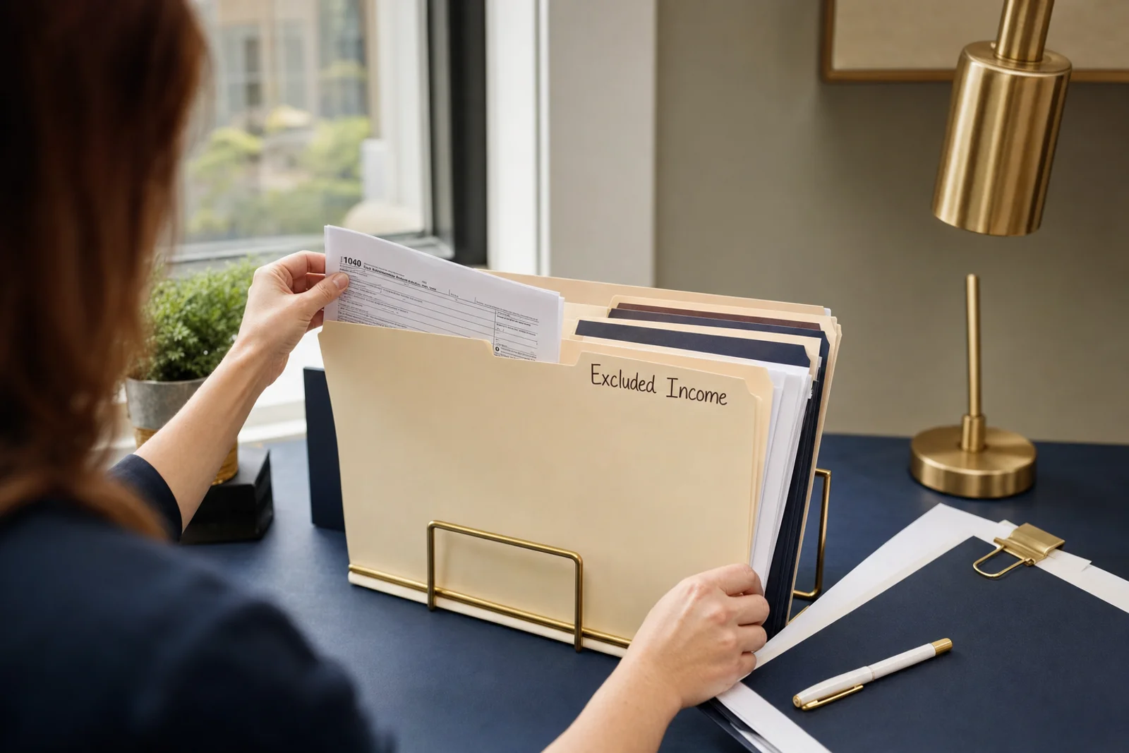 Organizing tax documents showing federal income exclusions for Indiana small business